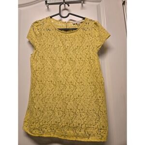 Ann Taylor Loft Yellow Floral Lace Short Sleeve Zip Back Blouse Top MP Petites